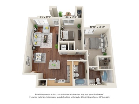 Floor plan for 2 beds, 2 baths, 907 sqft